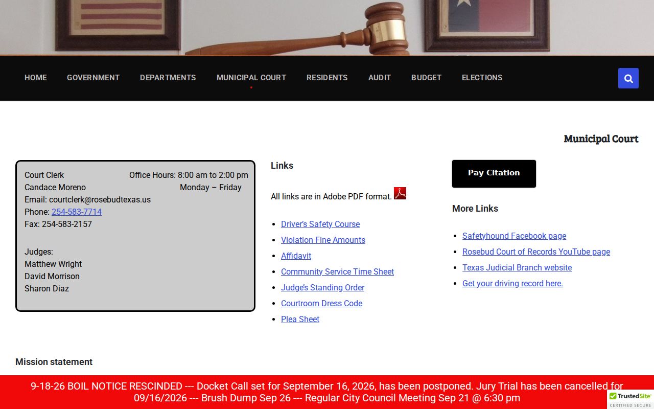 Falls County municipal warrant records: Rosebud Municipal Court page