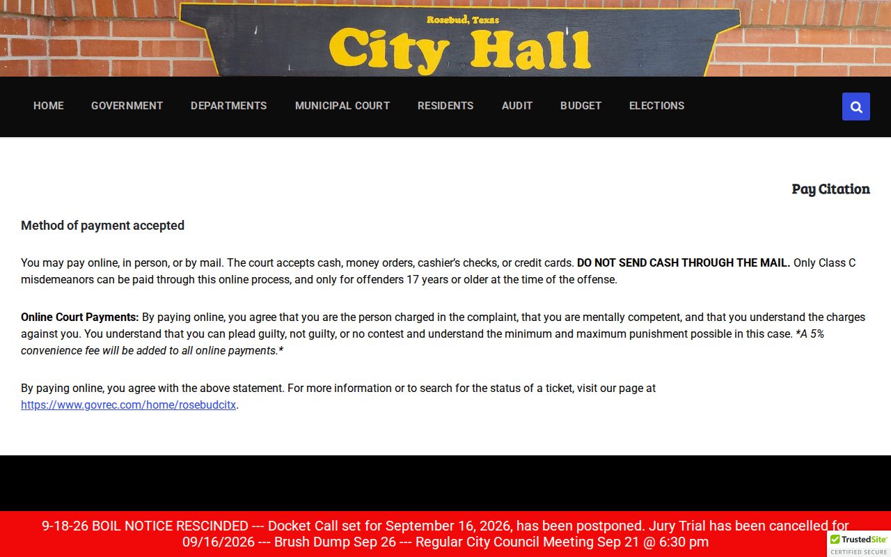Falls County traffic warrant reference: Rosebud citation payment page