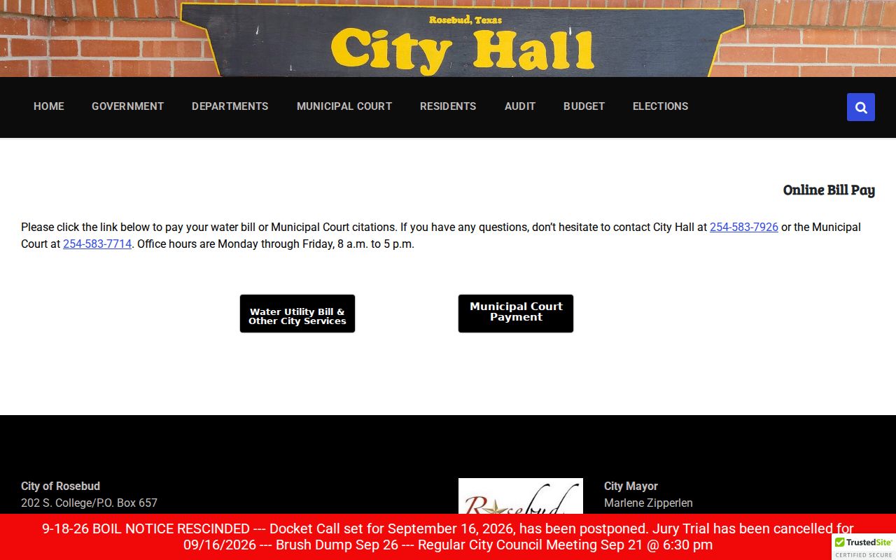 Falls County municipal warrant payment route through Rosebud city