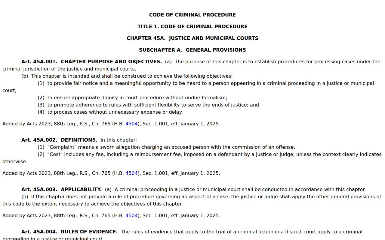 Falls County bench warrant law: Texas Chapter 45A