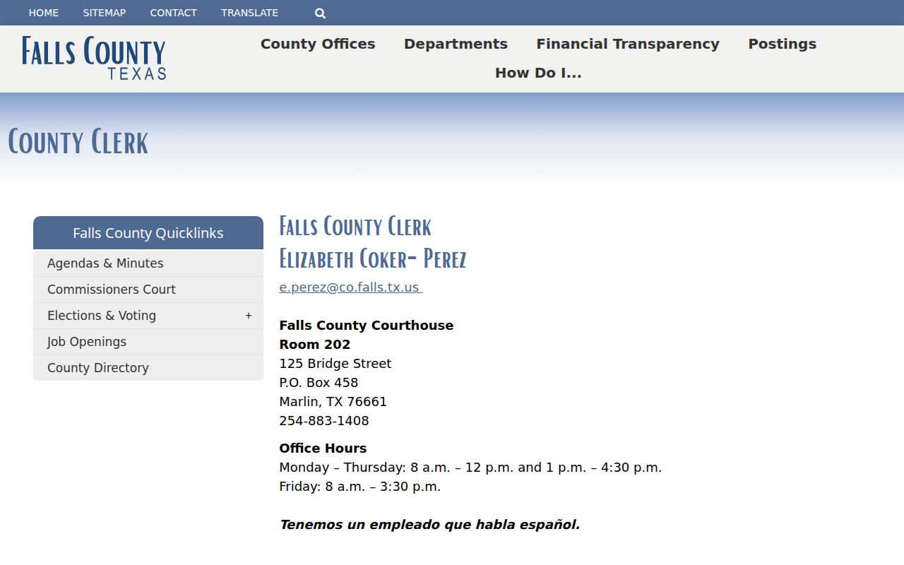 Falls County warrant record requests: County Clerk records and public information page