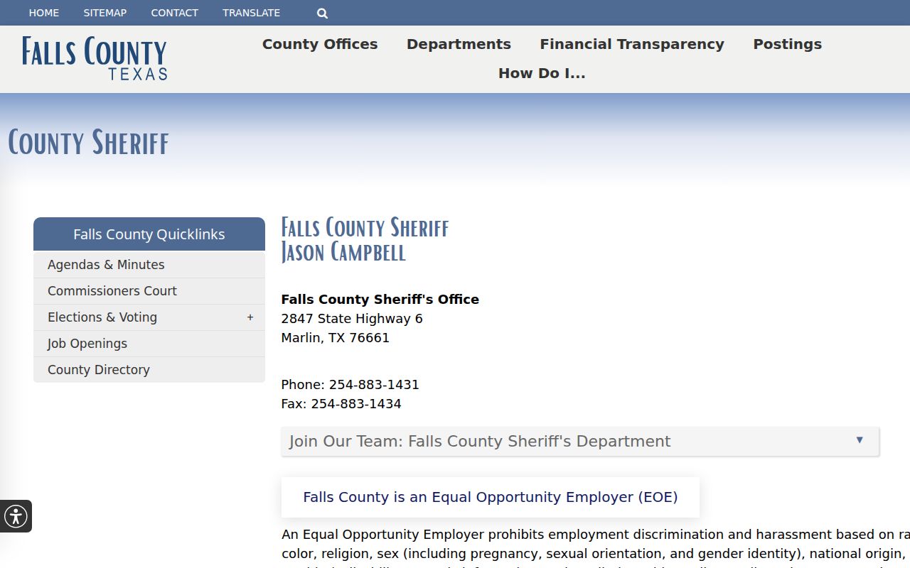 Falls County warrant records: official sheriff contact page